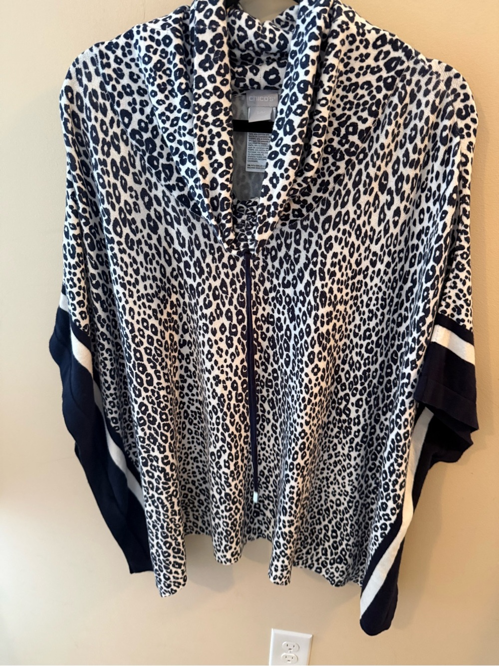Chicos Cotton Cashmere Cinch Cowl Neck Animal Print Poncho Size S/M